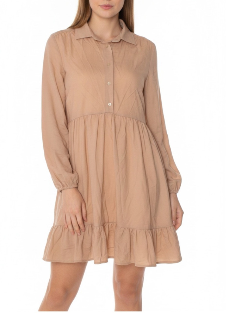 Mango Beige Button Front Long Sleeve Ruffle Hem A-line Tiered Shirt Dress 6